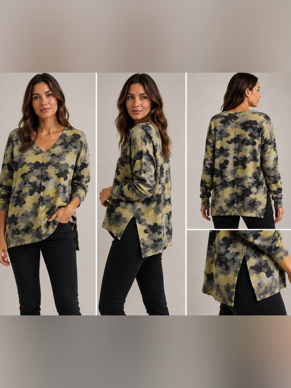 27 Miles Women’s Camo V-Neck Lightweight Knit Pullover Gray Yellow Size M